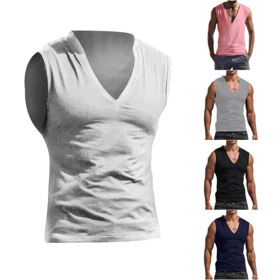 FINALGANG Mens Deep V Neck Sleeveless Slim Fit High Elastic Soft Breathable Basic Summer Daily Workout Solid Color Casual Tank Tops Stylish Top S