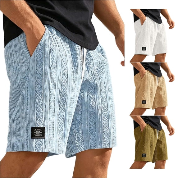 FINALGANG Mens Elastic Drawstring Jacquard Knit Label Patch Casual Shorts Summer Daily Loose Fit Soft Breathable Side Pocket Walking Bottoms For Men Light Blue M