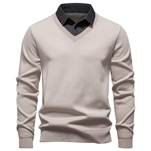FINALGANG Mens Fall Winter Sweater Solid Color V Neck Long Sleeve Ribbed Hem Shirt Collar Jumper For Daily Wear Business Casual Beige XL