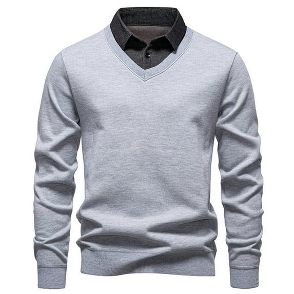 FINALGANG Mens Fall Winter Sweater Solid Color V Neck Long Sleeve Ribbed Hem Shirt Collar Jumper For Daily Wear Business Casual Gray M