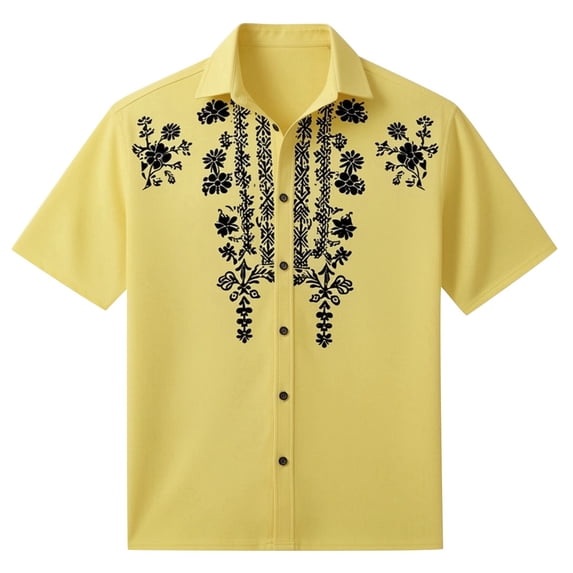 FINALGANG Mens Floral Embroidered Print Short Sleeve Button Down Shirt Casual Loose Fit Hawaiian Collared Shirt For Beach Vacation Daily Streetwear Yellow M
