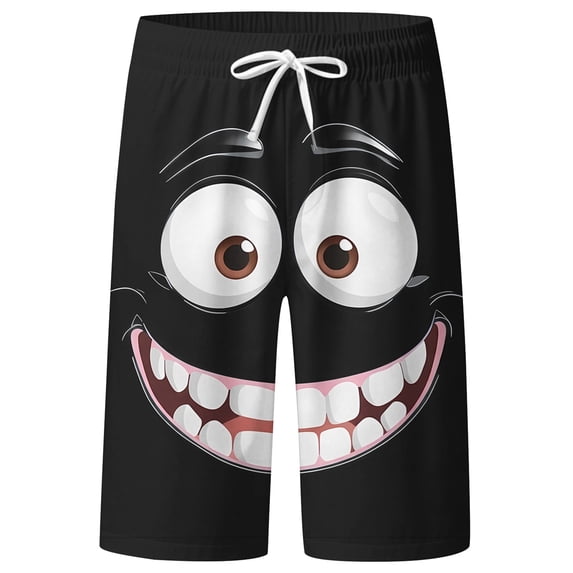 FINALGANG Mens Funny Face Print Beach Shorts Casual Drawstring Waist Swim Trunks Quick Dry Lightweight Board Shorts For Summer Daily Wear Black XXL