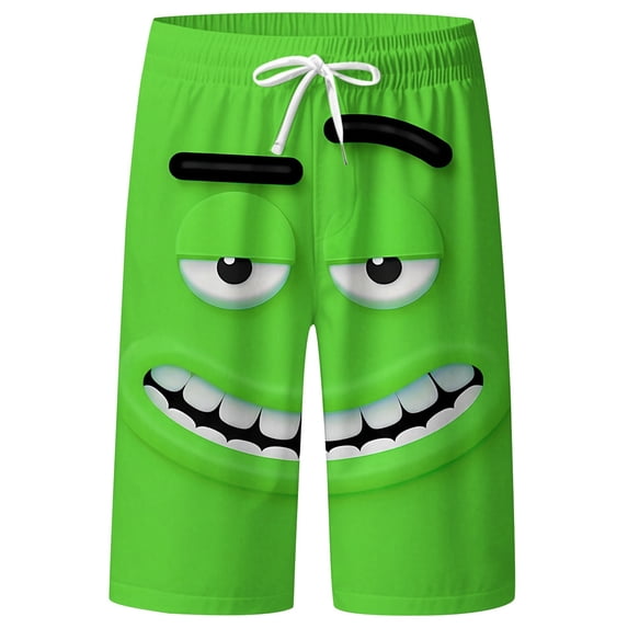 FINALGANG Mens Funny Face Print Beach Shorts Casual Drawstring Waist Swim Trunks Quick Dry Lightweight Board Shorts For Summer Daily Wear Green M