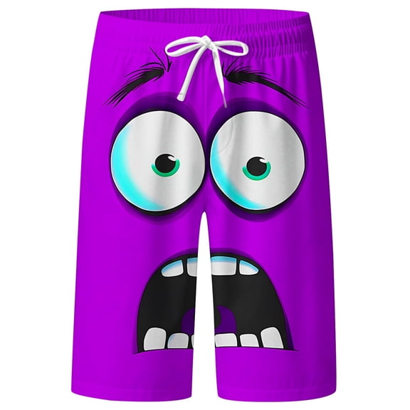 FINALGANG Mens Funny Face Print Beach Shorts Casual Drawstring Waist Swim Trunks Quick Dry Lightweight Board Shorts For Summer Daily Wear Purple S