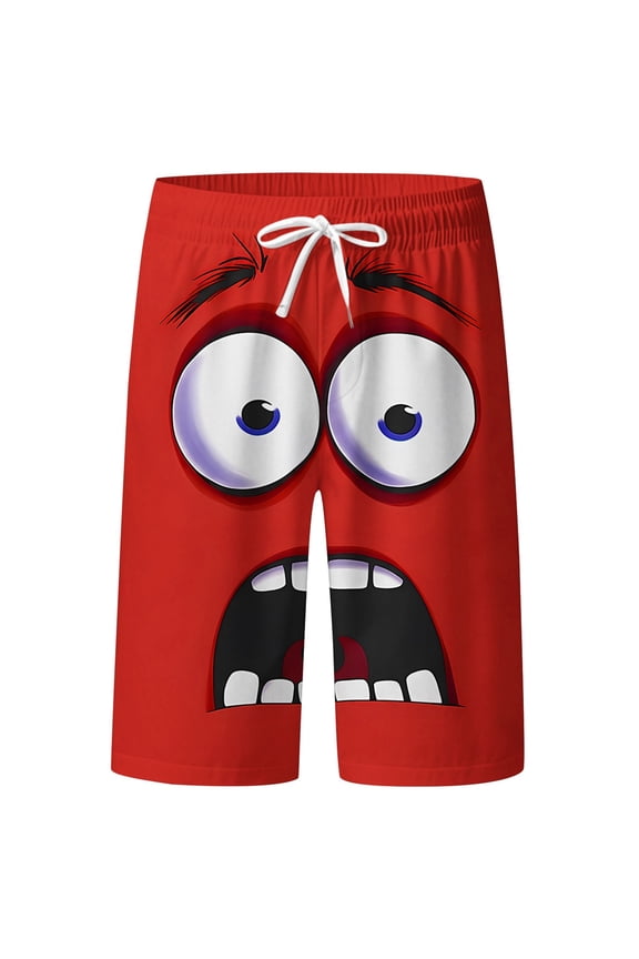 Mens Funny Face Print Beach Shorts Casual Drawstring Waist Swim Trunks Quick Dry Lightweight Board Shorts For Summer Daily Wear Red M