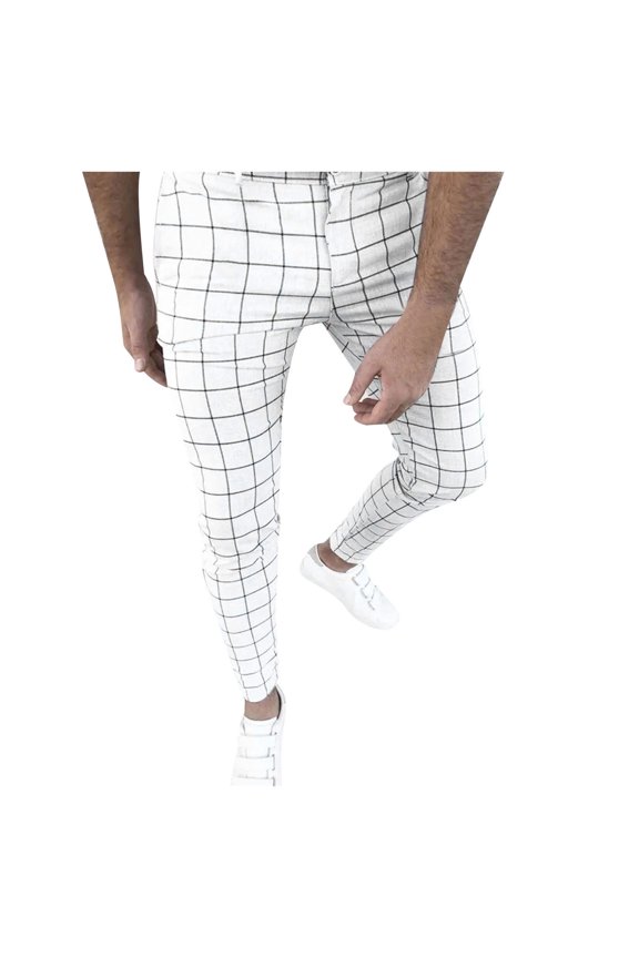 Mens Grid Pattern Pants Slim Fit Button Closure Stretch Ankle Length Trousers For Business Casual Daily Wear Comfortable Bottoms