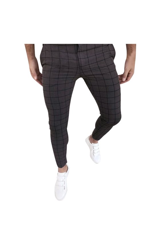 Mens Grid Pattern Pants Slim Fit Button Closure Stretch Ankle Length Trousers For Business Casual Daily Wear Versatile Bottoms