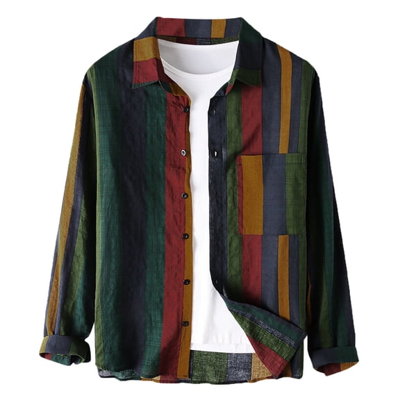 FINALGANG Mens Lapel Collar Button Color Block Stripe Print Roll Up Long Sleeve Bust Pocket Shirt Loose Fit Spring Daily Outdoor Casual Tops Soft Top Multicolor XXXL