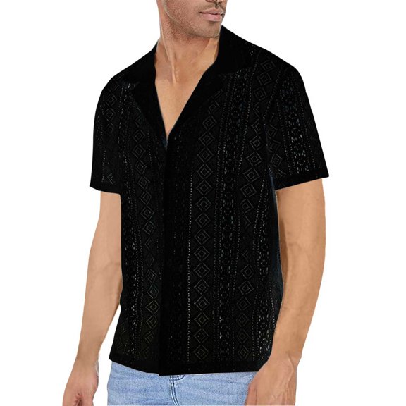 FINALGANG Mens Lapel Notch Collar Hollow Diamond Knit Solid Short Sleeve Shirt Regular Fit Breathable Beach Vacation Daily Casual Tops For Daily Wear Leisure Top Black S