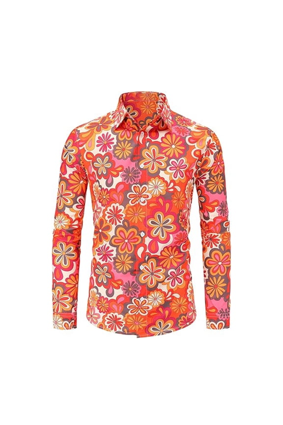 Mens Long Sleeve Button Down Collared Shirt Colorful Floral Pattern Retro Style Dress Shirt For Party Festival Casual Daily Wear Red L