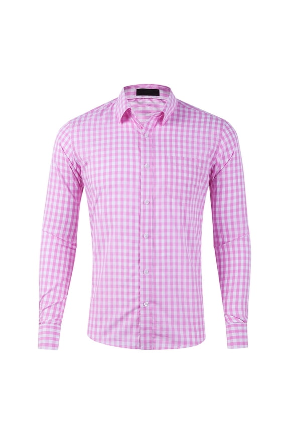 Mens Long Sleeve Button Down Shirt With Classic Gingham Check Pattern Relaxed Fit Casual Formal Shirt For Office Work Daily Wear Pink XXL