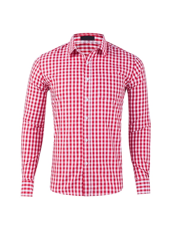 Mens Long Sleeve Button Down Shirt With Classic Gingham Check Pattern Relaxed Fit Casual Formal Shirt For Office Work Daily Wear Red S