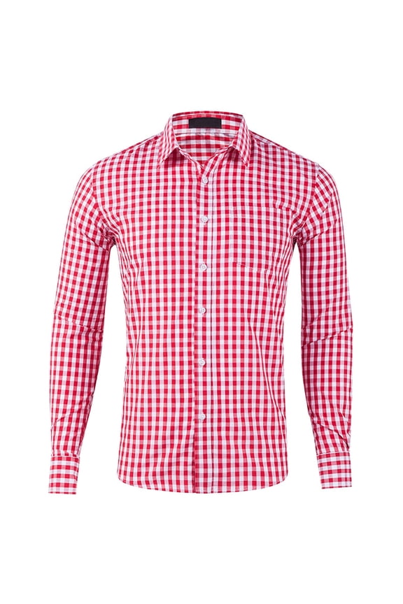 Mens Long Sleeve Button Down Shirt With Classic Gingham Check Pattern Relaxed Fit Casual Formal Shirt For Office Work Daily Wear Red XXL