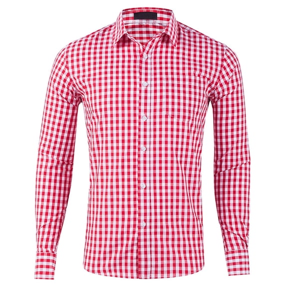 FINALGANG Mens Long Sleeve Button Down Shirt With Classic Gingham Check Pattern Relaxed Fit Casual Formal Shirt For Office Work Daily Wear Red XXL