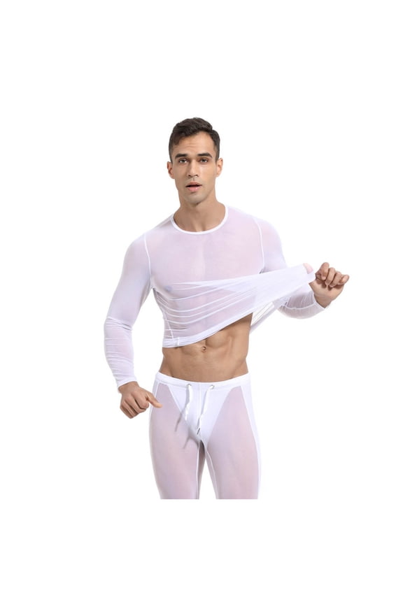 Mens Long Sleeve Crewneck Sheer Mesh TShirts Solid Color Slim Fit Layer Top For Sports Training Daily Wear White XL
