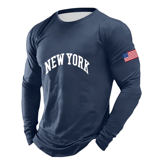 FINALGANG Mens Long Sleeve Crewneck TShirts With Letter American Flag Print Slim Fit Casual Sporty Tees For Summer Daily Wear Blue L