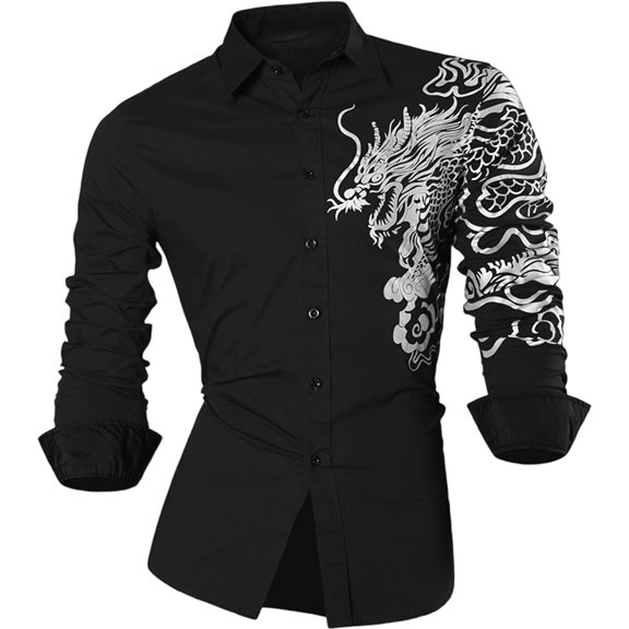 FINALGANG Mens Long Sleeve Dress Shirt With Dragon Print Traditional Style Turn Down Collar Button Down Shirt For Party Business Daily Wear Grey XL