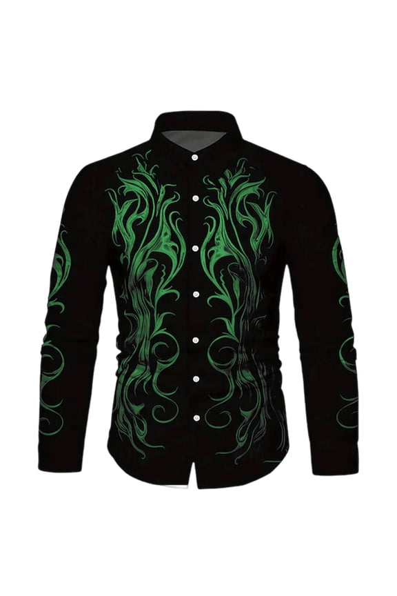 Mens Long Sleeve Dress Shirt With Flame Pattern Stand Collar Button Down Relaxeds Fit Shirt For Party Business Daily Wear Green XXXL