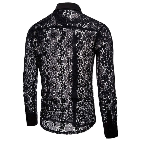 FINALGANG Mens Long Sleeve Lace Shirt Solid Color Floral Hollow Out Turn Down Collar Button Down Shirt For Party Daily Wear Black S