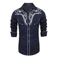 thumbnail image 1 of FINALGANG Mens Long Sleeve Stand Collar Shirt With White Floral Embroidery Slim Fit Button Down Shirt For Formal Party Daily Wear Blue M, 1 of 4