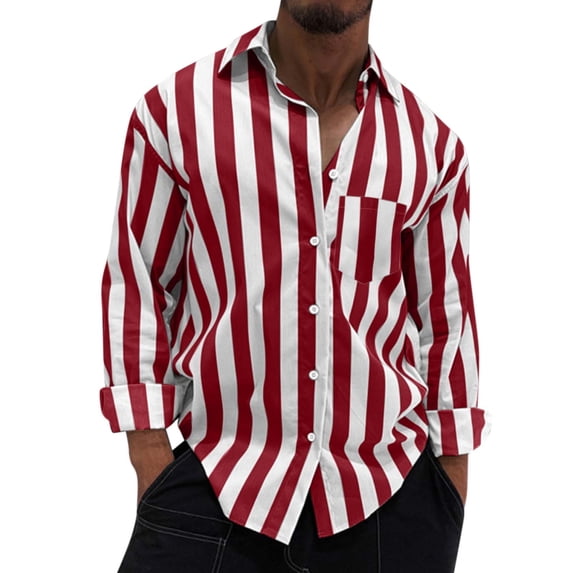FINALGANG Mens Long Sleeve Striped Shirt Color Block Button Down Collar Loose Fit Shirt With Bust Pocke For Casual Streetwear Daily Wear Red L