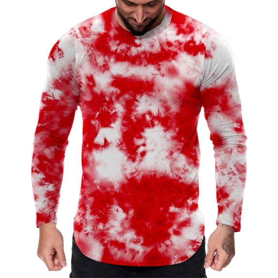 FINALGANG Mens Long Sleeve Tie Dye TShirts Color Block Pattern Casual Crewneck Slim Fit Tees For Summer Casual Daily Wear Red M