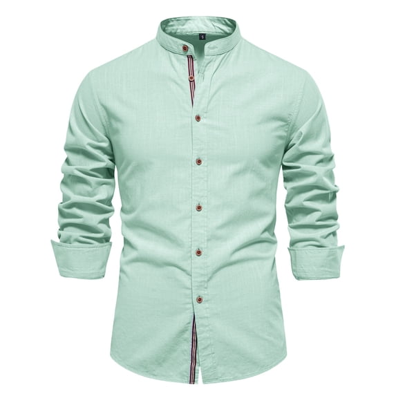 FINALGANG Mens Mandarin Collar Long Sleeve Shirt Solid Color Button Front Slim Fit Casual Shirt For Office Daily Casual Wear Green XL