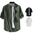 thumbnail image 1 of FINALGANG Mens Mandarin Collar Textured Roll Tab Three Quarter Sleeve Shirt Bust Pocket Loose Fit Breathable Casual Button Shirts Stylish Top 5XL, 1 of 4