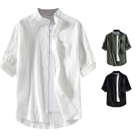 FINALGANG Mens Mandarin Stand Collar Roll Tab Sleeve Bust Pocket Crinkled Solid Color Three Quarter Sleeve Shirt Loose Fit Retro Daily Outdoor Casual Tops For Daily Wear Stylish Top White M