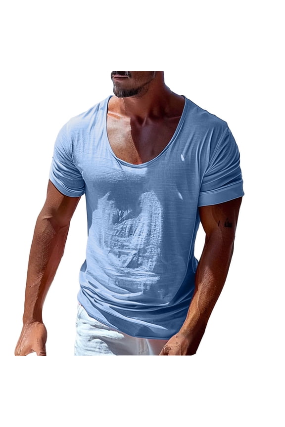 Mens Oversized Deep V Neck Distressed Solid Color Short Sleeve Tee Slim Fit Beach Daily Outdoor Casual Shirts For Daily Wear Soft Top Blue XL