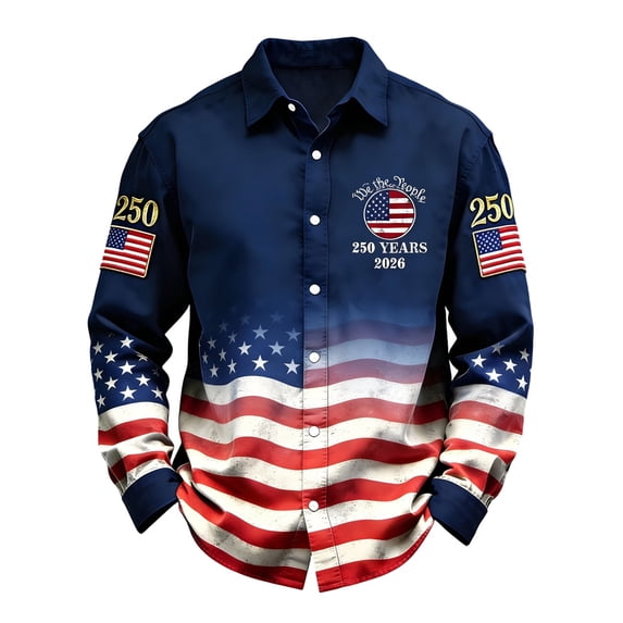 FINALGANG Mens Point Collar Long Sleeve Button Down Shirt With USA Flag Print 250 Embroidered Patches Casual Loose Fit For Patriotic Events Fourth Of July Daily Wear Stylish Top XXXL