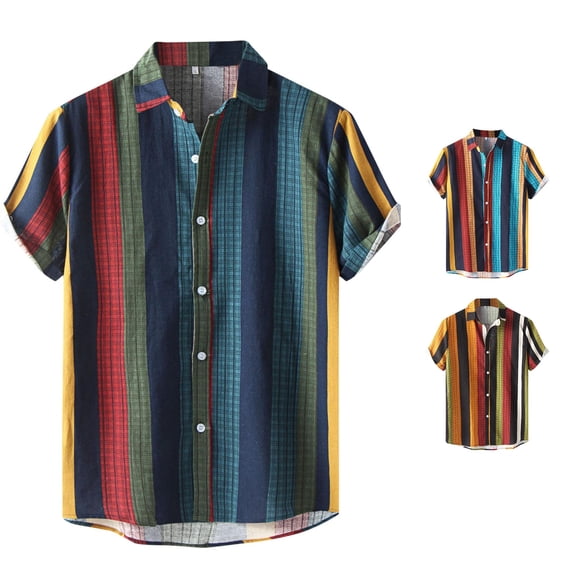 FINALGANG Mens Point Collar Multicolor Vertical Plaid Stripe Roll Short Sleeve Shirt Loose Fit Lightweight Holiday Beach Casual Button Down Shirts Cozy Top XXXL