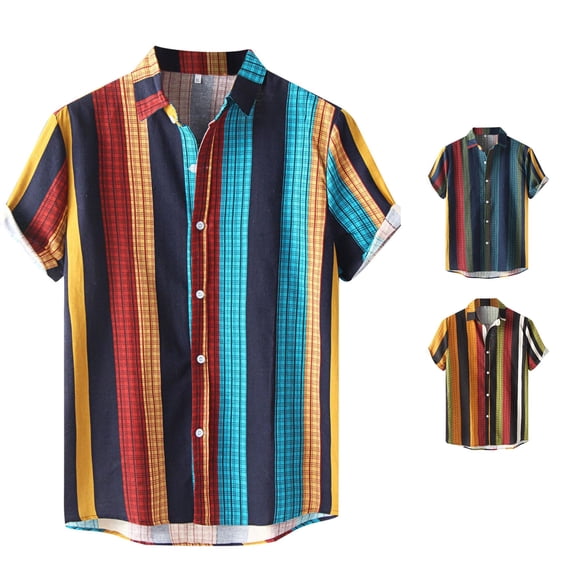 FINALGANG Mens Point Collar Multicolor Vertical Plaid Stripe Roll Short Sleeve Shirt Loose Fit Lightweight Holiday Beach Casual Button Down Shirts Leisure Top XXXL