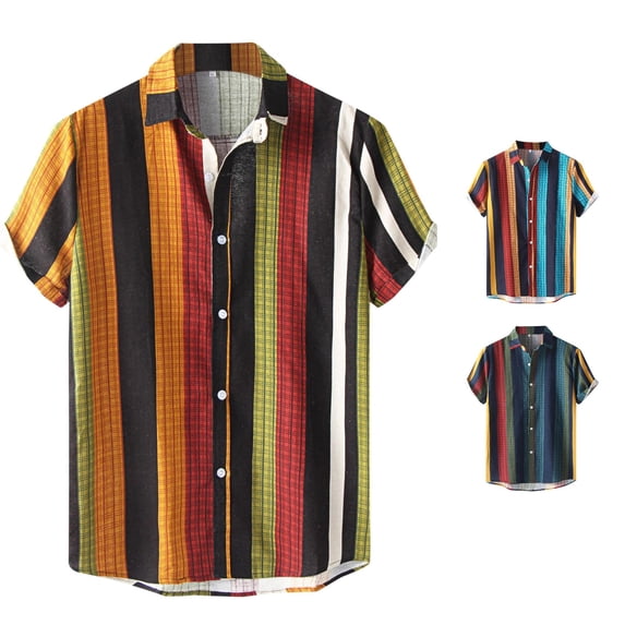 FINALGANG Mens Point Collar Multicolor Vertical Plaid Stripe Roll Short Sleeve Shirt Loose Fit Lightweight Holiday Beach Casual Button Down Shirts Versatile Top XXL