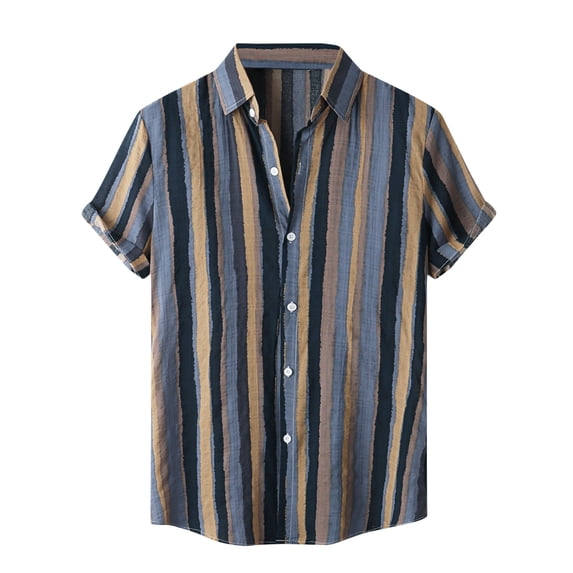 FINALGANG Mens Point Collar Retro Stripe Roll Short Sleeve Shirt Loose Fit Lightweight Summer Vacation Casual Button Down Shirts Leisure Top XL