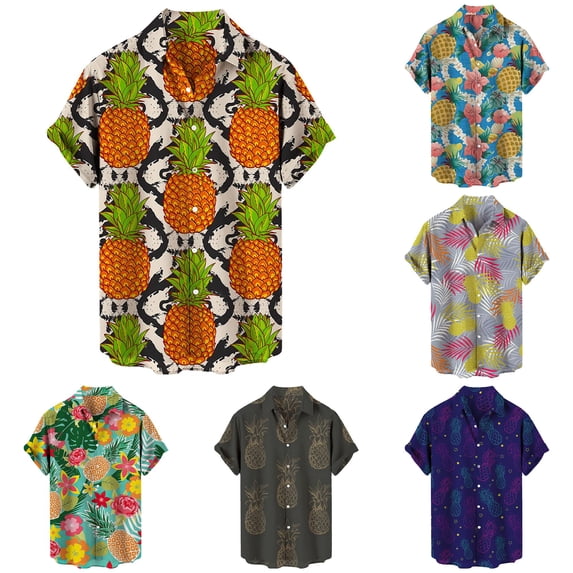 FINALGANG Mens Point Collar Vintage Pineapple Print Short Sleeve Shirt Loose Fit Lightweight Breathable Summer Holiday Casual Button Down Shirts Stylish Top XXL