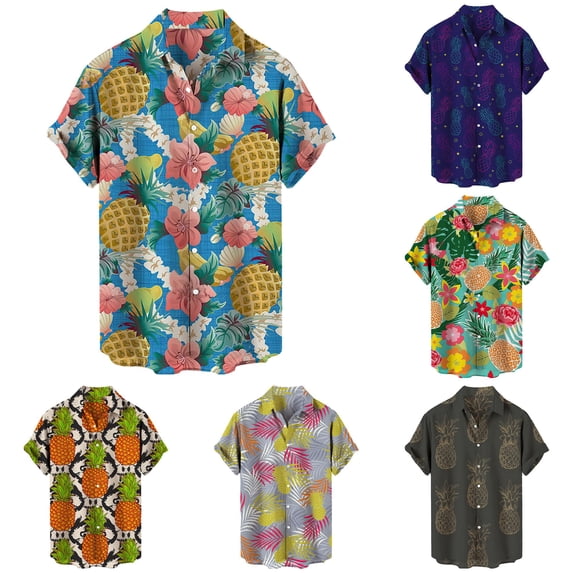 FINALGANG Mens Point Collar Vintage Pineapple Print Short Sleeve Shirt Loose Fit Lightweight Breathable Summer Holiday Casual Button Down Shirts Trendy Top XXXL