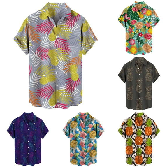 FINALGANG Mens Point Collar Vintage Pineapple Print Short Sleeve Shirt Loose Fit Lightweight Breathable Summer Holiday Casual Button Down Shirts Versatile Top XL