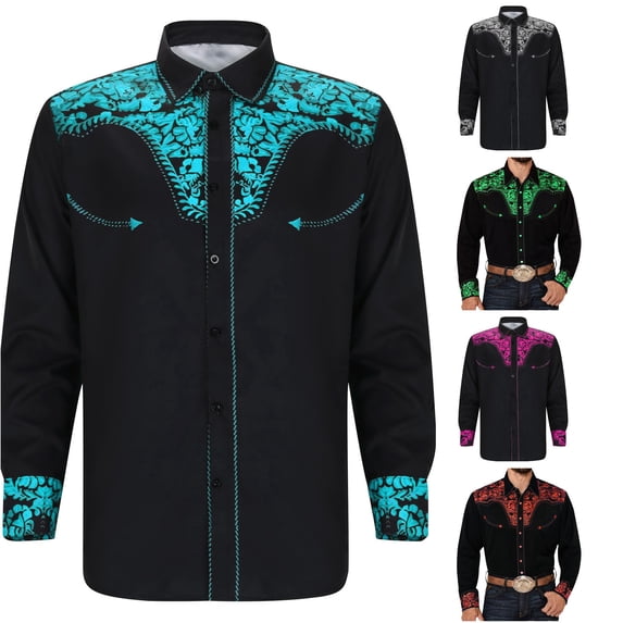 FINALGANG Mens Point Lapel Collar Button Floral Embroidery Western Cowboy Long Sleeve Shirt Regular Fit Country Stage Outdoor Vintage Casual Dress Tops Czoy Top Sky Blue L