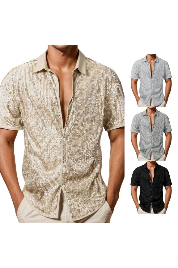 Mens Point Lapel Collar Button All Over Sequin Short Sleeve Shirt Relaxed Fit Party Stage Performance Glitter Casual Tops Casual Top Beige XL