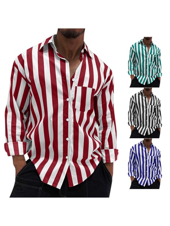 Mens Point Lapel Collar Button Stripe Single Bust Pocket Long Sleeve Shirt Oversized Loose Fit Daily Streetwear Outdoor Casual Button Down Tops Czoy Top Red M