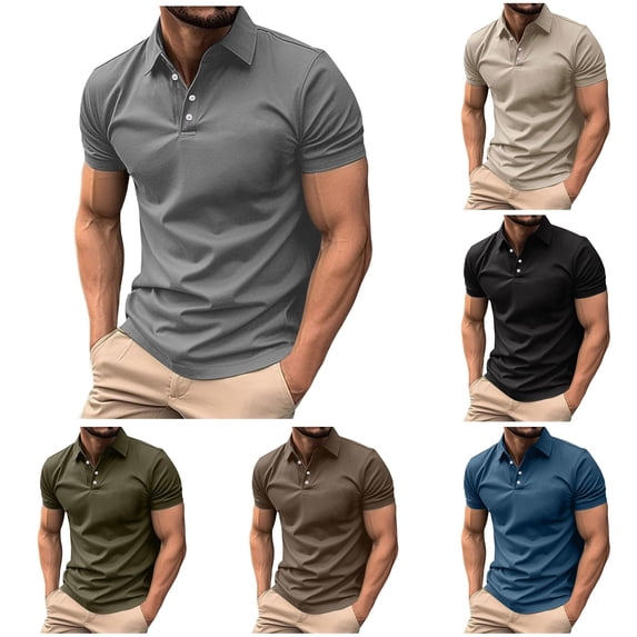 FINALGANG Mens Polo Collar Solid Button Placket Short Sleeve Shirt Slim Fit Soft Breathable Daily Golf Business Plain Polo Tees Versatile Top L