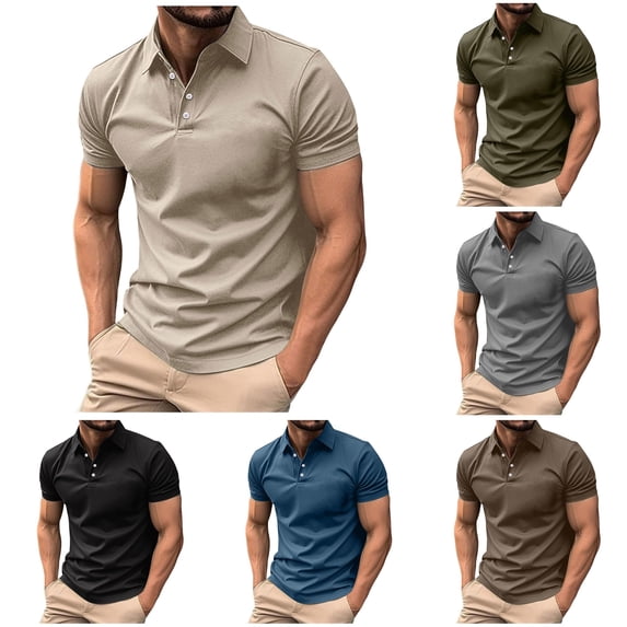 FINALGANG Mens Polo Collar Solid Button Placket Short Sleeve Shirt Slim Fit Soft Breathable Daily Golf Business Plain Polo Tees Versatile Top XXL