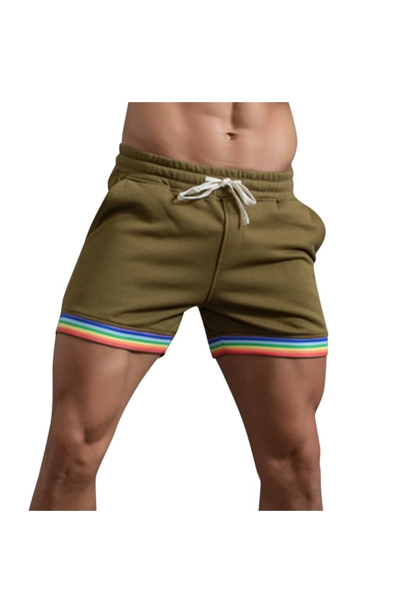 Mens Relaxed Fit Casual Gym Shorts With Elastic Waist Drawstring Rainbow Trimmed Hem Side Pockets For Workout Training Daily Wear Versatile Shorts