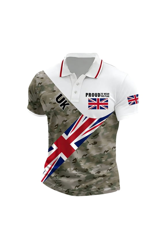 Mens Short Sleeve Button Closure Polo Shirt With Union Jack Print Distressed Slim Fit Breathable For Patriotic Events Holiday Casual Summer Wear Soft Top