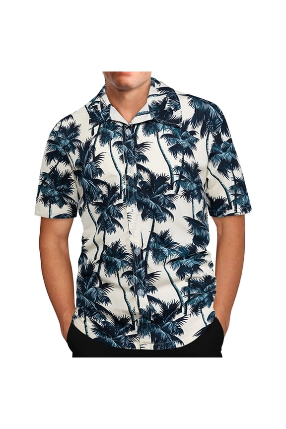 Mens Short Sleeve Button Down Shirt With Tree Print Floral Pattern Casual Beach Vacation Collared Shirt For Summer Holiday Daily Wear White XL