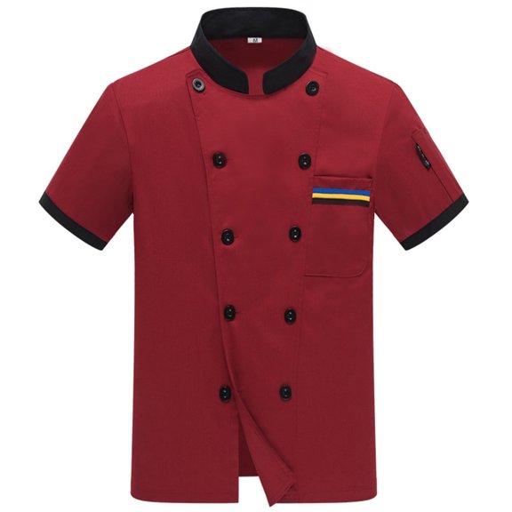 FINALGANG Mens Short Sleeve Chef Shirt Button Closure Contrast Trim Collared Relaxed Fit Top For Kitchen Cooking Catering Service Red L