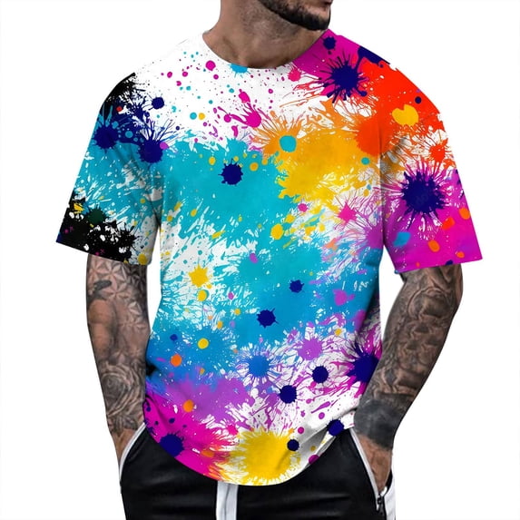 FINALGANG Mens Short Sleeve Crewneck TShirts With Colorful Paint Splatter Print Casual Loose Fit Streetwear Tees For Summer Holiday Daily Wear Blue M