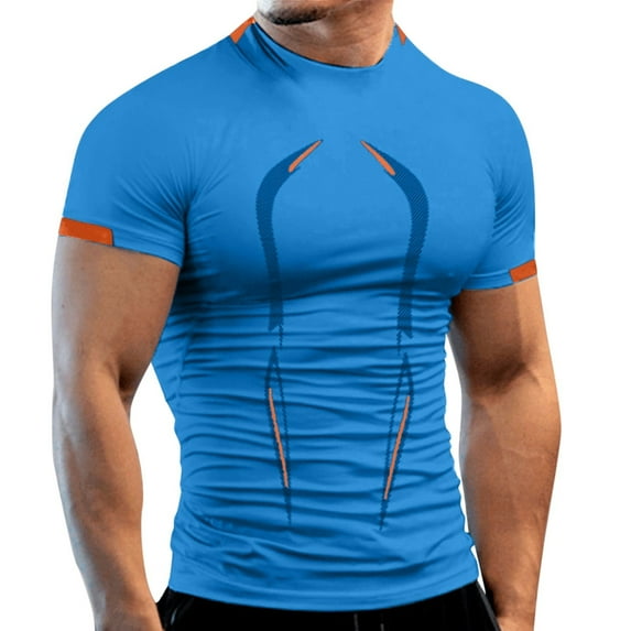 FINALGANG Mens Short Sleeve Half High Neck Slim Fit TShirts Athletic Workout Breathable Shirt For Gym Training Running Fitness Daily Wear Blue S