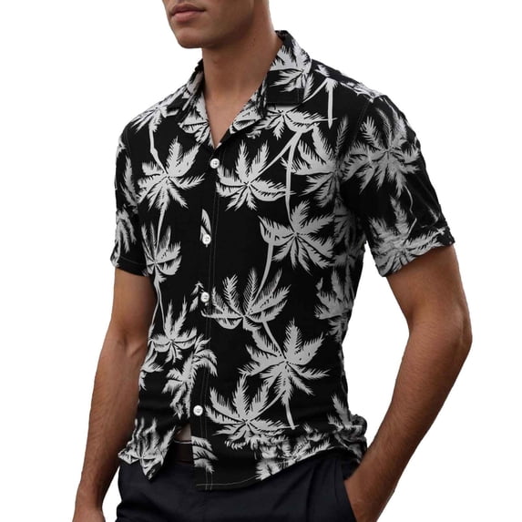 FINALGANG Mens Short Sleeve Hawaiian Shirt With Coconut Tree Print Casual Button Down Collared Shirt For Summer Beach Vacation Daily Wear Black XXXL